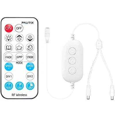 Imagen de PAUTIX Atenuador remoto RF para tira de luces LED un solo color, inalámbrico 18 botones y 1 a 2 cables divisores DC Controlador en línea DC5 24V tiras COB 2835/5050