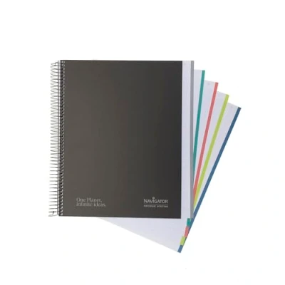 Imagen de Navigator Cuaderno Multiasignatura a4+ Cuadricula 5x5 Tapa Extradura Negro 5 Borde Color 80g 120 Hojas Microperforadas 4 Taladros Espiral Coil Lock Papel Premium Writing