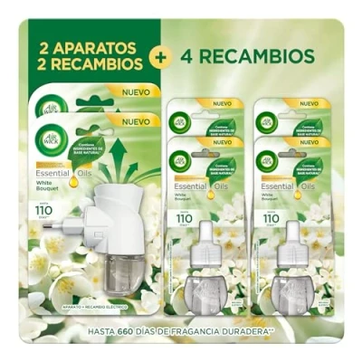 Imagen de Air Wick Eléctrico Megapack Ambientador, esencia para casa con aroma a Flores Blancas 2 aparatos + 6 recambios