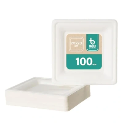Imagen de BEST PRODUCTS 100 Platos Caña de Azúcar Desechables Ecológicos Biodegradables Compostables y Reciclables Para Fiestas Cumpleaños Comuniones Cuadrados Llanos 20x20cm