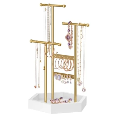 Imagen de SONGMICS Soporte de Joyas, Expositor 4 Zonas Independientes, Organizador Pendientes Metal, para Collares, Pulseras, Pendientes, Dorado y Blanco JJS003A01