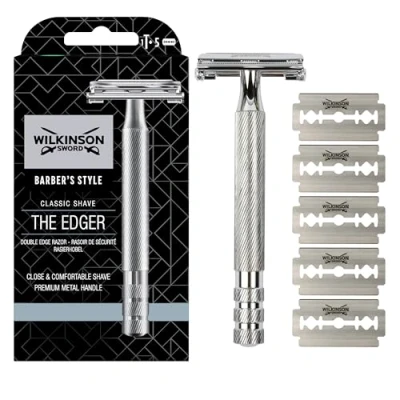Imagen de Wilkinson Sword Classic Premium Máquina de Afeitar Vintage Acero Cromado para Hombre + 5 Hojas Doble Filo, Afeitado Clásico Manual, Gris