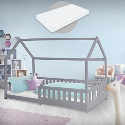 Imagen de ML Design Cama Infantil Gris con Colchón De Espuma Fría 90x200 cm Protección Anticaída Techo Somier Estructura Listones Madera Maciza Pino para Niñas Y Niños Forma Casa Juego Cuna Juvenil