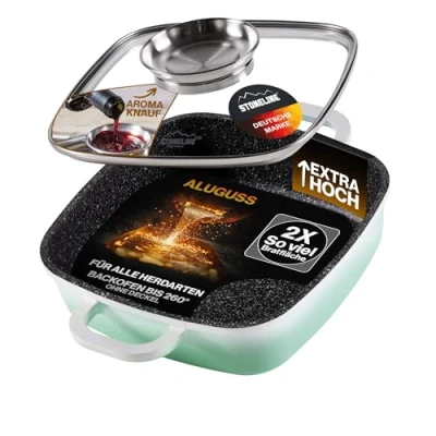 Imagen de STONELINE Cazuela Cuadrada 20 cm Aluminio Fundido Tapa Aroma Cacerola Baja Olla Inducción Revestimiento Antiadherente con Partículas de Piedra Reales, Todo Tipo Cocinas, Cocinar Sin Grasa, Menta