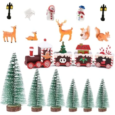Imagen de (17 Pcs) Mini Adorno Navidad en Miniatura Tren Madera Arbol de Figuritas Resina Reno DIY Ornamentos Decoración Mesa Chimenea Estante