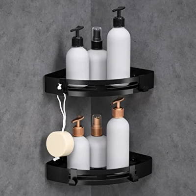 Imagen de SXCDD Soporte de baño sin taladrar triángulo negro estante ducha almacenamiento champú jabón líquido (2 soportes triangulares)