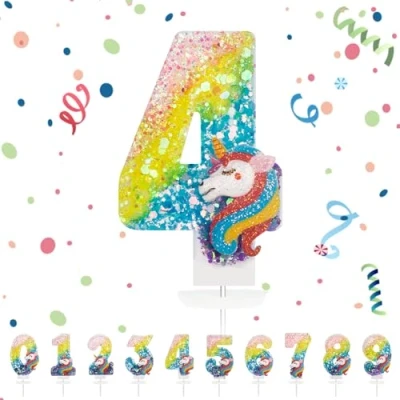 Imagen de Velas Cumpleaños Números 4,3D Unicornio Arco iris Vela,Vela de Número 4 Pastel Decoración,Aniversarios,Baby Shower