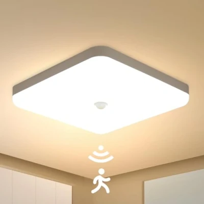 Imagen de Combuh LED Plafón con Sensor Movimiento 30W Impermeable IP56 Blanco Cálido 3000K 2400Lm Cuadrado Lampara de Techo para Cocina, Baño, Oficina, Porche, Garaje 25 * 4cm