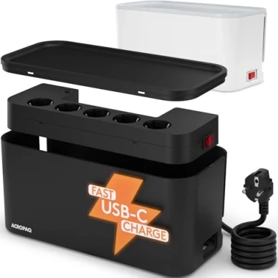 Imagen de ACROPAQ Caja organizadora Cables con regleta enchufes Carga Ultrarrápida, 5 Tomas, 3 USB (A+C), 30 x 14 cm, 2M de Cable para Cables, Organizador Caja, Negra