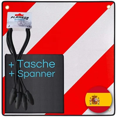 Imagen de PLANGER® Cartel de Advertencia España (50 x 50 cm) + Bolsa Tensor Señal Reflectante Rojo y Blanco para portabicicletas.