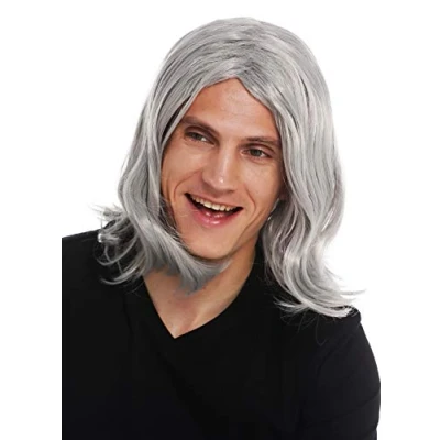 Imagen de WIG ME UP 3056 FR68A Peluca Carnaval Hombres Larga Raya en Medio Ondulada Gris Estrella del Rock Viejo Abuelo Cool