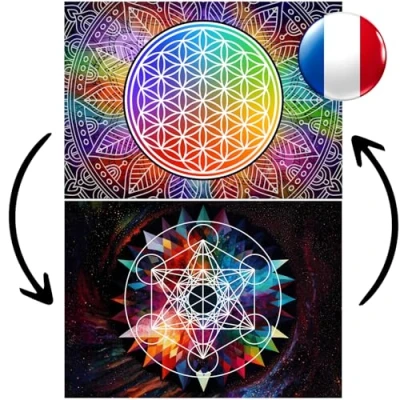 Imagen de Flor de vida para rellenar piedras (Recto) y cubo Metatron (Verso) Tamaño A4 1 tabla única laminada e impresa en Francia, creada por un artista francés