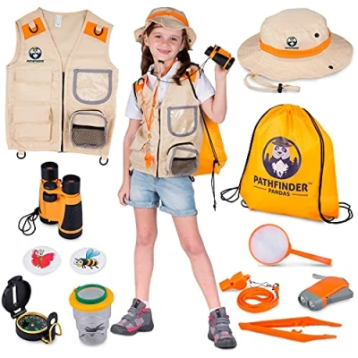 Imagen de Kit Explorador Niños y Disfraz Niño Juegos Exterior de 3 a 12 Años Prismaticos Niños, Linterna Infantil, Lupa, Brujula, Insectos Juguete Regalo Juguetes (Naranja, 7+)