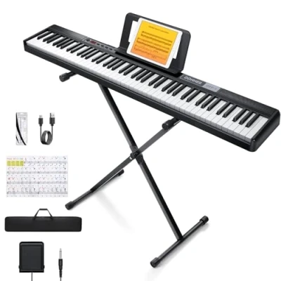 Imagen de Donner Teclado de piano digital 88 teclas, teclas sensibles a la velocidad, eléctrico portátil con soporte, pedal sostenido, estuche transporte y pegatinas para teclado, modelo DEP 1