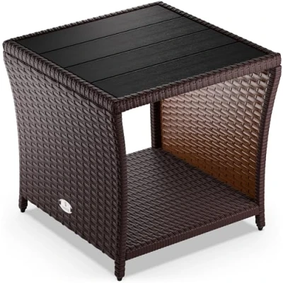 Imagen de CASARIA Mesita Auxiliar de Poliratán Balcón Jardín 45x45x40cm Tablero WPC Mesa Altura Ajustable Marrón