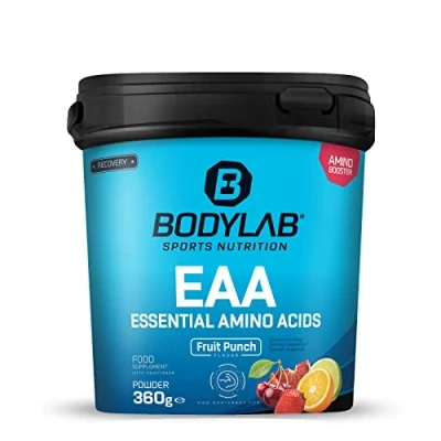 Imagen de Bodylab24 EAA Essential Amino Acids Ponche de frutas 360g, 8 aminoácidos esenciales en altas dosis, todos los BCAA y incluidos, vitamina B6, polvo, delicioso sabor afrutado