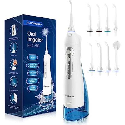 Imagen de Irrigador Bucal Portatil Dental de Hangsun Inalámbrico USB Recargable con un Tanque Agua 300ml y 8 Boquillas para Viajar Uso Doméstico