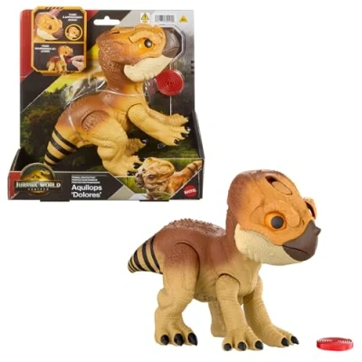 Imagen de Mattel Jurassic World: El Renacer, Aquilops Dolores Protector Primal, dinosaurio interactivo con acción de ataque y sonidos, mascota electrónica accesorio comida, JGC01