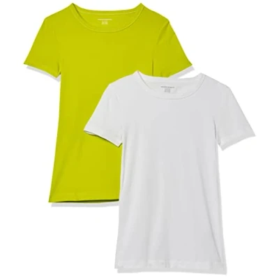 Imagen de Amazon Essentials Camiseta de Cuello a la Caja Manga Corta y Ajuste Entallado Mujer, Pack 2, Blanco/Verde Lima, XS