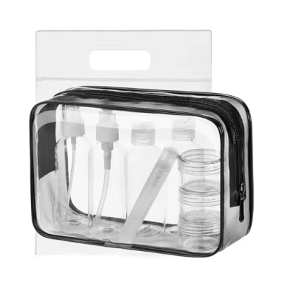 Imagen de MOCOCITO Neceser Transparente con 8 Botellas de Viaje (MAX.100ml) y 1 Bolsa Vuelo para Líquidos (20x20 cm,1L), Cosméticos Impermeable Hombre Mujer