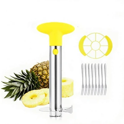 Imagen de OITUGG Pelador de Piña: [3 en 1] Inoxidable Acero Cortador Piña para Pelar y Rebanar Quitar el Corazón con 1 pcs Cuña &amp; 8 Frutas Tenedores Include Garantía Un Año