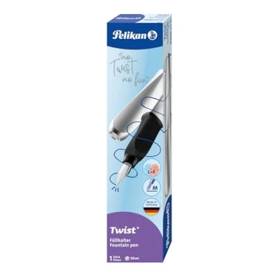 Imagen de Pelikan Twist Frosted Blue, Pluma Estilográfica Ergonómica, para Diestros y Zurdos, la Escuela Oficina, Plumín de Acero Inoxidable, Cartucho Azul Largo Incluido, Recargable