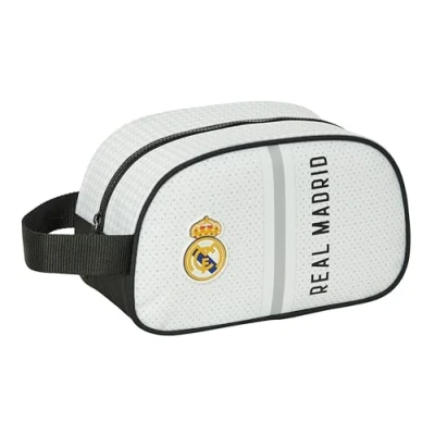 Imagen de Safta Real Madrid 1ª EQUIPACIÓN 24/25 Neceser Escolar Infantil Mediano con Asa, Infantil, Adaptable a Carro, Fácil Limpieza, Cómodo y Versátil, 26x12x15 cm, Color Blanco/Gris