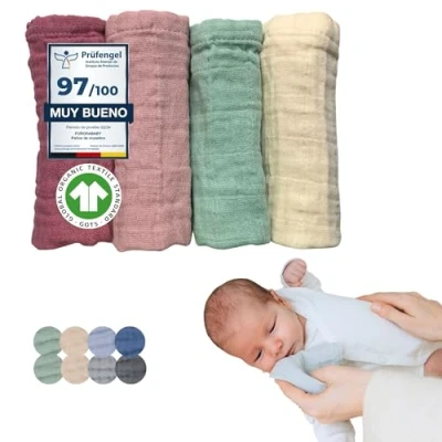 Imagen de Flora Furora muselinas Bebe Algodon 25x25 (Muy Suaves organico ecologico Gots + Oeko Tex 100 Barra de Lavado a 60) pequeñas, Gasas Recién Nacido, Toallas Mantas