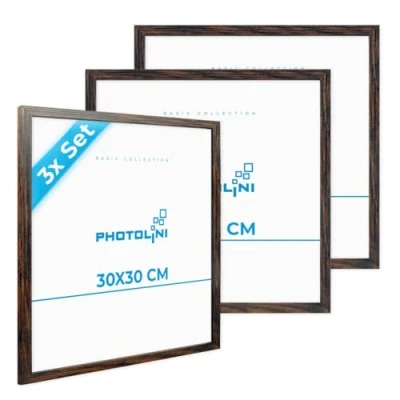 Imagen de PHOTOLINI marcos 30x30 cm madera MDF roble oscuro, set de 3 para pósteres, cristal acrílico, colgar, incluye accesorios fotos, láminas y pósteres