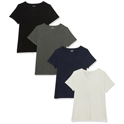 Imagen de Amazon Essentials Camiseta de Cuello en v Manga Corta y Ajuste Clásico Mujer, Pack 4, Blanco/Carbón Mezcla/Azul Marino, L