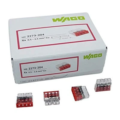 Imagen de 100 unidades Wago 2273 204 COMPACT borne para caja de conexiones Ø 0,5 2,5 mm², 4 polos, transparente/rojo