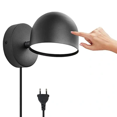 Imagen de 9W LED Aplique de Pared Interior Con Enchufe Lámpara Control Táctil Regulable 350 Giratorio Noche 3000K Blanco Cálido Ajustable Luz Lectura Para Salón, Dormitorio,Negro