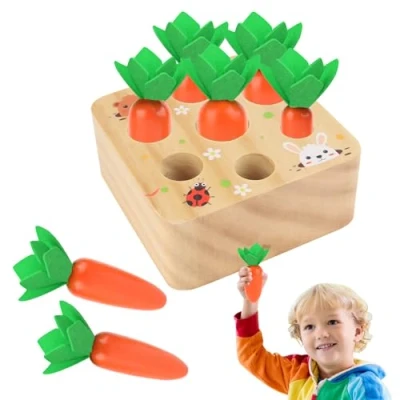 Imagen de Juguetes de madera a partir 1 año juguete motricidad para bebés, Montessori, rompecabezas cosecha zanahorias, educativo, niños