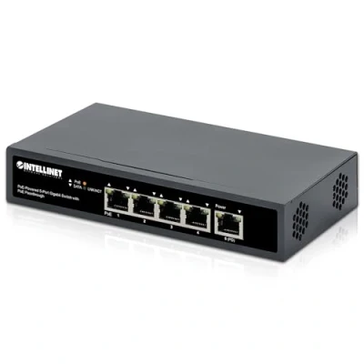 Imagen de Intellinet Interruptor Ethernet Gigabit de 5 Puertos Alimentado por PoE++ con Paso PoE, presupuesto energía 65 W a través alimentación CA y 95 PoE