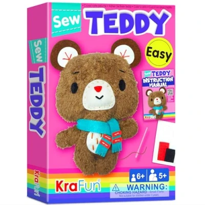 Imagen de KRAFUN Kit de costura animales oso peluche para niños principiantes, incluye muñeca peluche, instrucciones y materiales fieltro felpa aprender a coser, bordar