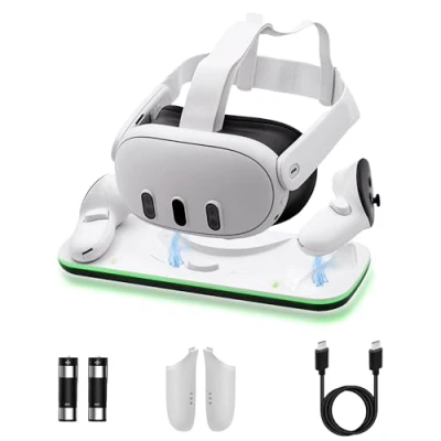 Imagen de Mcbazel Estación de Carga Controlador VR para Quest 3, con Luz LED Soporte 2 * 600 mAh Baterías Recargables, Cable Tipo C Blanco