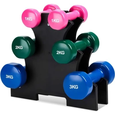 Imagen de Set de 6 mancuernas 2x 1kg, 2kg, 3kg pesas con soportepara gimnasio y entrenamiento en casa