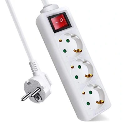 Imagen de EXTRASTAR Regleta Alargador con 3 Enchufes e Interruptor, Cable 5M, para el hogar, Oficina y Viajes, 16A, 250V, 3680W, Blanco