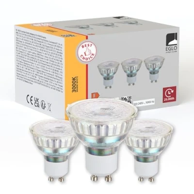 Imagen de Eglo Juego de 3 bombillas GU10, focos reflectores LED, lámparas reflectoras 4,5 vatios cada una (equivale a 30 W), blanco cálido, 3000 K, bombilla Ø 5 cm