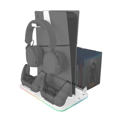 Imagen de MARSGAMING MPS5 B2, Soporte RGB para PS5 Slim Estándar y Digital, 1x Ventilador, Cargador Doble de Mandos, con Iluminación Neón RGB, Organizador Videojuegos + Auriculares, Blanco