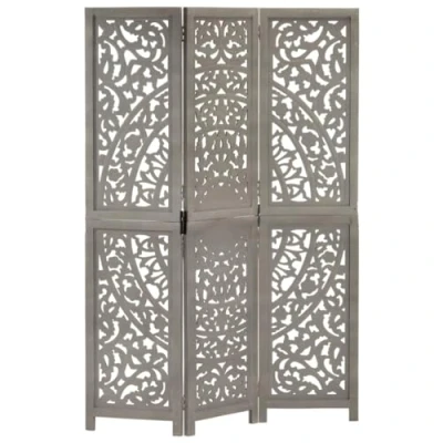 Imagen de vidaXL Biombo 3 Paneles Tallado a Mano Divisor Pantalla Separador Dormitorio Salón Oficina Despacho Sala de Estar Decoración Gris Madera Mango