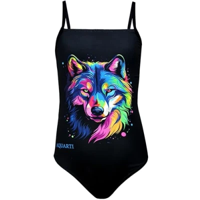 Imagen de Aquarti Bañador Niña Natación con Tirantes Ajustables, Resistente al Cloro, Lobo/Negro, 122