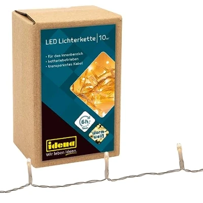 Imagen de Idena 8582065 Cadena de luces con 10 LEDs en blanco cálido, función temporizador 6 horas, funciona pilas, 1 m largo, para uso interiores, como decoración fiestas, navidad