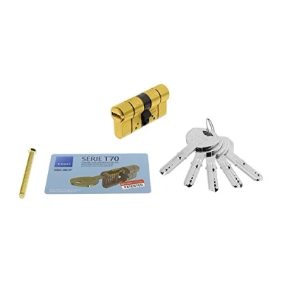Imagen de Tesa Assa Abloy, T75D3040L, Cilindro de Alta Seguridad, T70 DS, Doble Embrague, Leva Larga, Llave Llave, Latonado, 30 x 40 mm