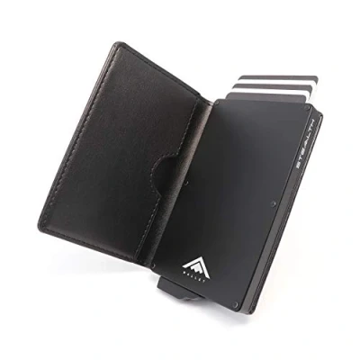 Imagen de Stealth Wallet Tarjetero Hombre con Protección RFID Cartera Pop Up y Caja de Regalo Porta Tarjetas Crédito Metal Delgado Ligero (Aluminio Negro, Cuero Negro)