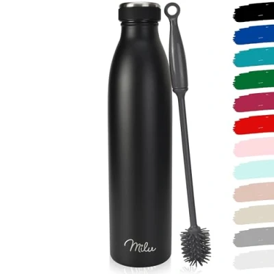 Imagen de Milu Botella de acero inoxidable 350ml, 500ml, 750ml, 1L, termo para niños y adultos, a prueba fugas, apta ácido carbónico, incluye cepillo limpieza (Negro, 350ml)
