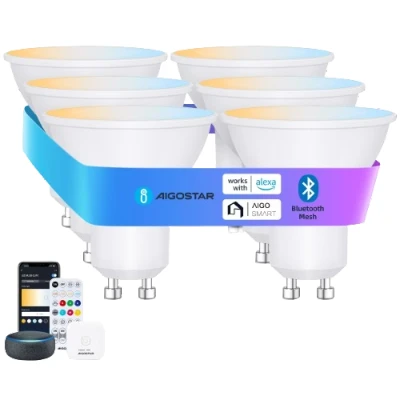 Imagen de Aigostar Mesh Bombilla inteligente Bluetooth Mesh, GU10. 2700K 6500K regulable, 6.5W, 555LM. LED compatible con Alexa y Google Home. Incluye mando a distancia Gateway. 6Uds