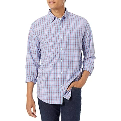 Imagen de Amazon Essentials Camisa Informal de Popelina con Manga Larga y Corte Recto Hombre, Azul Claro Rojo Cuadros Escoceses, S