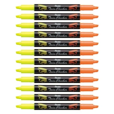 Imagen de Pentel SLW8 GF Twin Checker Lote de 12 subrayadores (doble punta), color amarillo y naranja