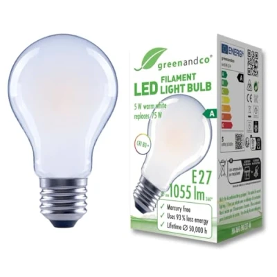 Imagen de greenandco bombilla de filamento LED esmerilado E27 A60 5W 1055lm sustituye A 75W 2700K blanco cálido 320 230V sin parpadeo clase energética no regulable